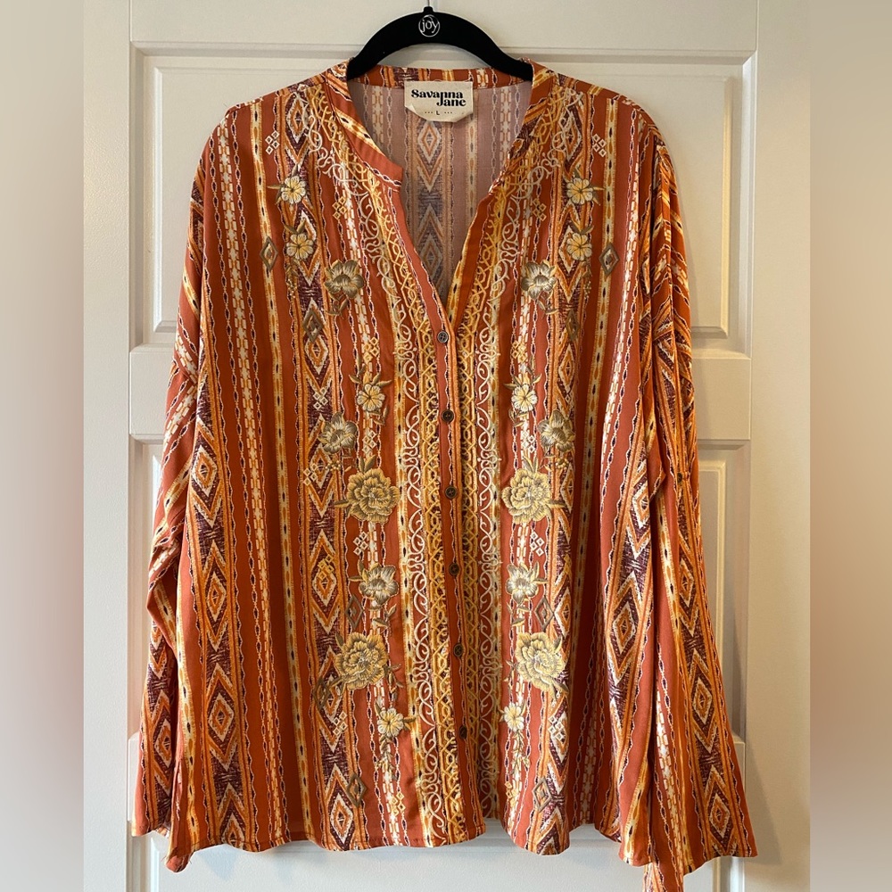 Savanna Jane Split Neck Button Down Top Orange and Gold w/ Embroidered Detail